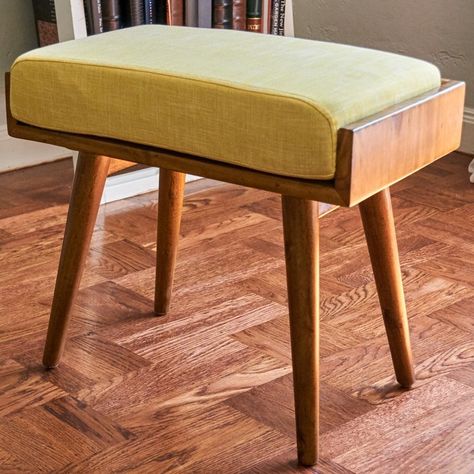 Emily Upholstered Vanity Stool Upholstered Entryway Bench, Wood Vanity, Vanity Stool, Interior Design Diy, Furniture Hacks, Barbie Furniture, Mid Century Decor, Mid Century Furniture, Upholstered Seating