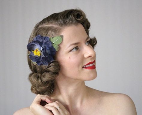 Create Easy Vintage Hairstyles Navy Flower Hair Clip Dark Blue Fascinator Floral Headpiece Vintage Rose Hair Accessory 1950s Hair Piece Camellia - Moonlight Bloom 1940s Hairstyles For Long Hair, 1950s Hair, Clip Dark, Easy Vintage Hairstyles, Brown Blush, Mocha Hair, 1950s Hairstyles, Vintage Curls, Blue Fascinator