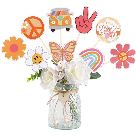 PRICES MAY VARY. Wide Usages ! These table centerpiece sticks are perfect for hippie theme party, two groovy carnival theme party,60s retro boho theme party,baby shower theme party,girls 2nd birthday party centerpieces floral decorations,they can make the table or flower more attractive and bring the fun to your party. Upgrade Quality ! Made of 300 gram card stock and 100% food grade bamboo stick,not easy to deform and fade,smooth edges without burrs.they will be easily enhance the party vibes a Table Flower Centerpieces, Carnival Theme Birthday Party, 60s Party Themes, 70s Themed Birthday Party, Boho Peace Sign, Hippie Baby Shower, Hand Butterfly, Hippie Birthday Party, Retro Birthday Parties