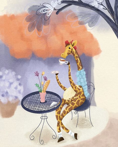 giraffe drinking tea on a parisian cafe Animals Drinking Coffee, Parisian Cafe, Time Art, Drinking Coffee, Children Illustration, Drinking Tea, Coffee Drinks, Tea Time, Digital Art