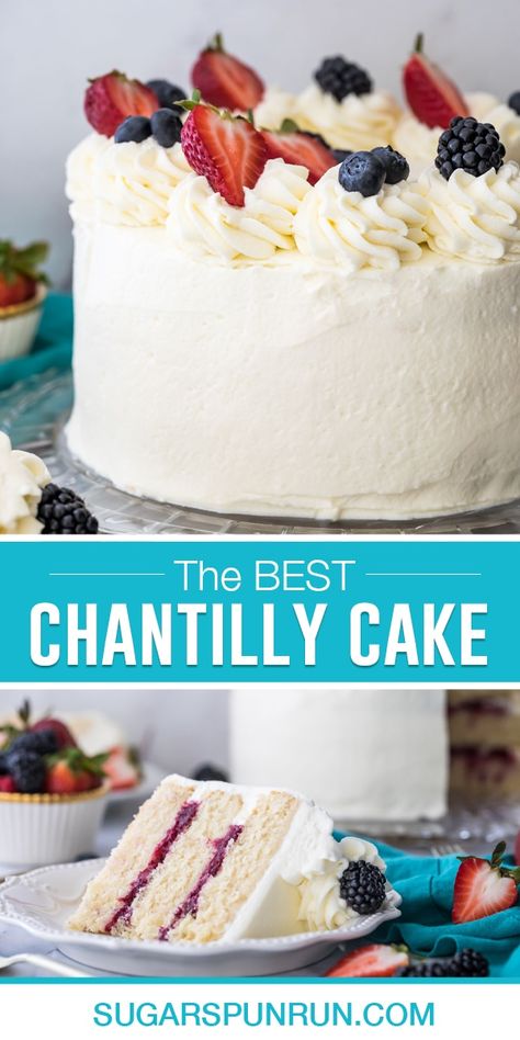 Soft Vanilla Cake, Chantilly Cake Recipe, Chantilly Cake, Birthday Cake Decorating Ideas, Berry Cake, Cake Decorating Ideas, Whipped Cream Cheese, Cake Fillings, Homemade Jam