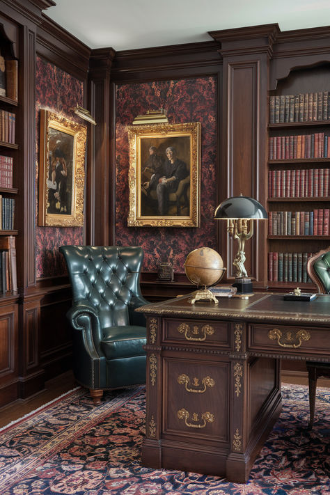 Victorian Interior Aesthetic, Tudor Office, Victorian Office Aesthetic, Victorian Study Room, Modern Victorian Aesthetic, Old Victorian Homes Interior, Victorian Drawing Room, Traditional Office Decor, Library Goals