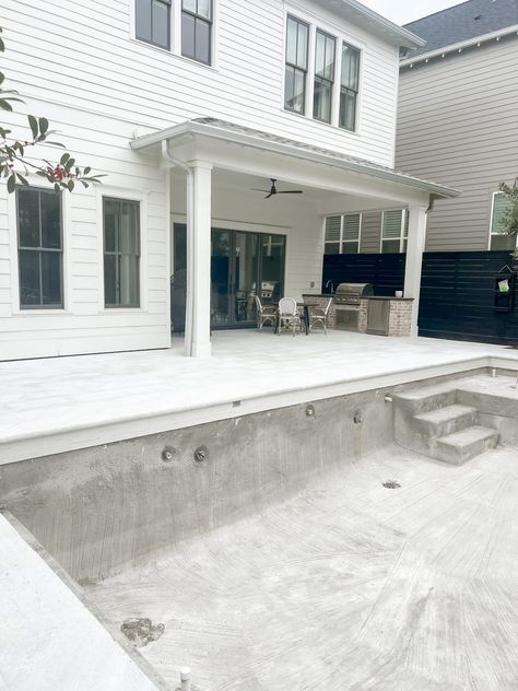 We're Building a Pool | The Process White Waterline, Dark Bamboo Flooring, Waterline Pool Tile, Waterline Tile, Living Room Refresh, White Quartzite, Tanning Ledges, Stair Rods, Progress Photos