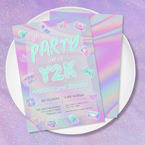 $3.29 | ANY AGE Y2K iridescent rainbow birthday party - y2k birthday invitation, y2k party, y2k invitation, iridescent rainbow, iridescent birthday invitations, y2k birthday party, y2k party invitation, y2k 10th birthday, rainbow birthday invitations, retro birthday invitations Y2k Birthday Party, Y2k Birthday, Rainbow Birthday Invitations, 27th Birthday, Y2k Party, Retro Birthday, Rainbow Birthday Party, Birthday Party Invite, Toddler Birthday