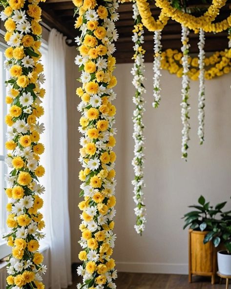 Simple Indian Wedding Decor, Simple Flower Decoration At Home, Varamahalakshmi Background Decoration, Traditional Housewarming Decorations, Hanging Flowers Decor, Ganpati 2023, Bride Bengali, Ceremony Favors, Ganesha Decoration