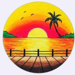 Circle Drawing Ideas Inspiration, Drawing For Students, Circle Drawing Ideas, Scenery For Beginners, Easy Nature Drawings, Draw Scenery, Drawing Ideas Inspiration, Drawing Sunset, Beginners Drawing