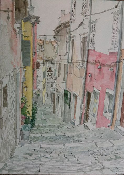 Croatia Drawing, Contemporary Landscapes, Rovinj Croatia, Watercolor Travel, Urban Sketches, Watercolor Art Journal, Travel Album, Pen And Watercolor, Urban Sketching