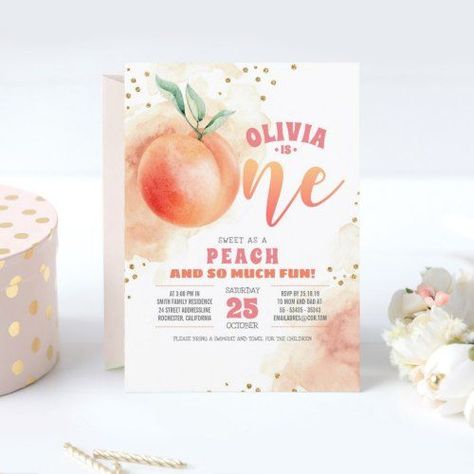 $2.40 | Peach 1st Birthday Invitations #peach #peach1stbirthdayinvitation #peachfirstbirthdayparty #sweetasapeach #babygirlbirthdayinvite #littlecutieturningone #peachone #ourlittlepeach #peachesmoderncutewatercolor #goldglitterconfettipeachstripes Peach 1st Birthday, Peach Baby Shower Invitations, Invitations Quinceanera, Peach Baby Shower, Gold Glitter Confetti, 1st Birthday Party Invitations, 1st Birthday Invitation, Glitter Confetti, Quinceanera Invitations