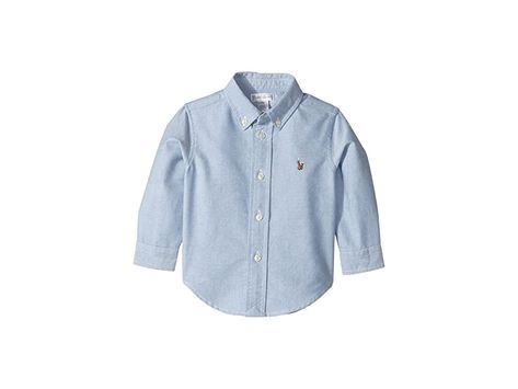 Ralph Lauren Baby Cotton Oxford Sport Shirt (Infant) (Light Blue) Boy's Clothing. The Polo Ralph Lauren Kids Cotton Oxford Sport Shirt is a comfortable classic you can dress up or down. Lightweight cotton oxford featuring a multicolored signature embroidered pony at the left chest. Classic fit. Button-down point collar. Long sleeves with buttoned barrel cuffs. Full button-up closure. Box-pleated back yoke. Shirttail hemline. 1 #RalphLaurenBaby #Apparel #Top #GeneralTop #Blue Kids Shirts Boys, Polo Ralph Lauren Kids, Ralph Lauren Kids, Ralph Lauren Long Sleeve, Swim Fashion, Animal Print Dresses, Box Pleats, Free Clothes, Sports Shirts