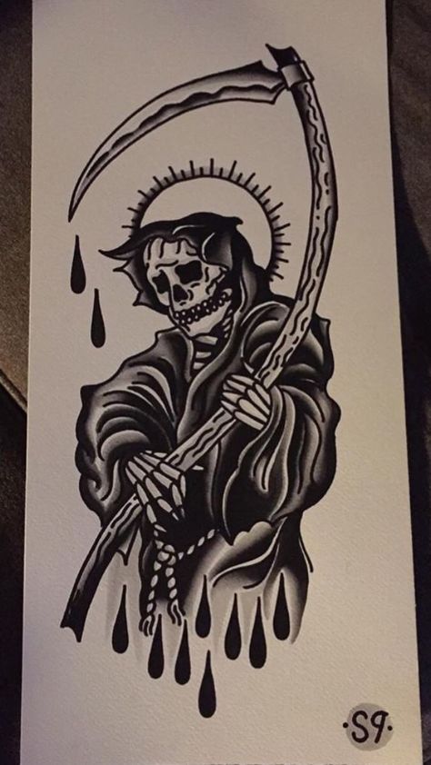 & Old School Tattoo Designs Men, Grime Reaper Tattoo, Grim Reaper Old School Tattoo, Tattoo Sleeves For Men, Traditional Grim Reaper Tattoo Designs, American Traditional Grim Reaper, American Traditional Reaper, Traditional Grim Reaper Tattoo Flash, American Traditional Reaper Tattoo