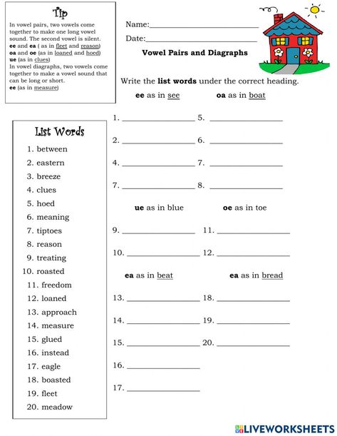 Vowel Pairs Worksheet, Vowel Pairs, Long Vowel Sounds, Spelling Test, Long Vowel, Consonant Blends, Vowel Sound, Long Vowels, Letter N Words