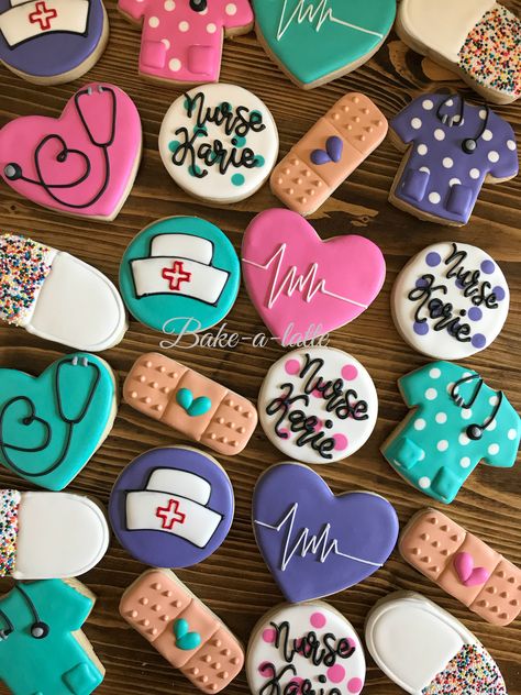 Nursing graduation cookies by Bakealatte.  www.facebook.com/Bakealatte Nurse Grad Parties, Nurse Graduation Party Decorations, Plain Sugar Cookies, Medical Cookies, Nurse Cookies, Nursing School Graduation Party, Cookies Cupcake, Nursing Cake, Nurse Party