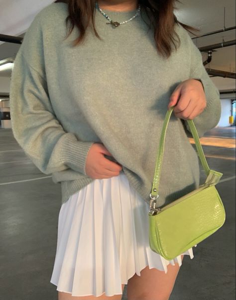 Sage Sweater Outfit, Sage Green Sweater Outfit, Green Shoulder Bag Outfit, Sage Green Outfit, Green Bag Outfit, Green Sweater Outfit, Green Skirt Outfits, Sage Green Sweater, January Mood