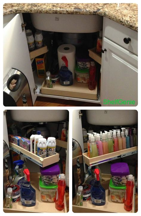 Optimize the space under your #corner #sink with strategically placed pull out #shelves. Sponges to the left, hand soaps to the right and dish detergents right there in the middle. Under Sink Shelves, Under Sink Storage Ideas, Sink Organization Kitchen, Corner Kitchen Sink, Sink Organization, Kitchen Shelves Organization, Kitchen Sink Organization, Corner Storage Cabinet, Corner Sink Kitchen