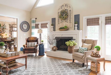 My Favorite Common Elements Of A Spring Mantel And Hearth Spring Fireplace, Above Fireplace Ideas, Above Fireplace Decor, Farmhouse Mantle Decor, Farmhouse Mantle, Above Fireplace, Farmhouse Mantel, Fireplace Living Room, Living Room Fireplace