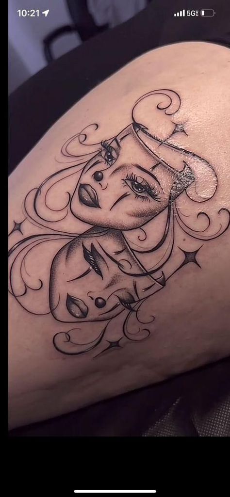 Double Face Tattoo Design, Double Mask Tattoo, Masks Tattoo Design, Tattoos Of Women Faces, Laugh Now Cry Later Tats Feminine, Smile Now Cry Later Tats Women, Smile Now Cry Later Tats, Mexican Inspired Tattoos For Women, Chicano Tattoos For Women