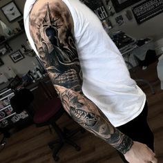 Lotr Sleeve Tattoos For Guys, Lord Of The Rings Arm Tattoo, Ringwraith Tattoo, Lord Of The Rings Sleeve Tattoo, Lotr Sleeve Tattoos, Balrog Tattoo, Lotr Sleeve, Smaug Tattoo, Lord Of The Rings Sauron