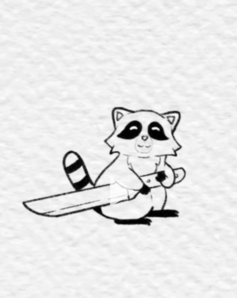 Best Friend Raccoon Tattoos, Animal Holding Knife Tattoo, Animals With Knives Drawings, Minimalist Raccoon Tattoo, Animal With Knife Tattoo, Simple Raccoon Drawing, Matching Raccoon Tattoo, Trash Panda Tattoo, Raccoon Tattoo Funny