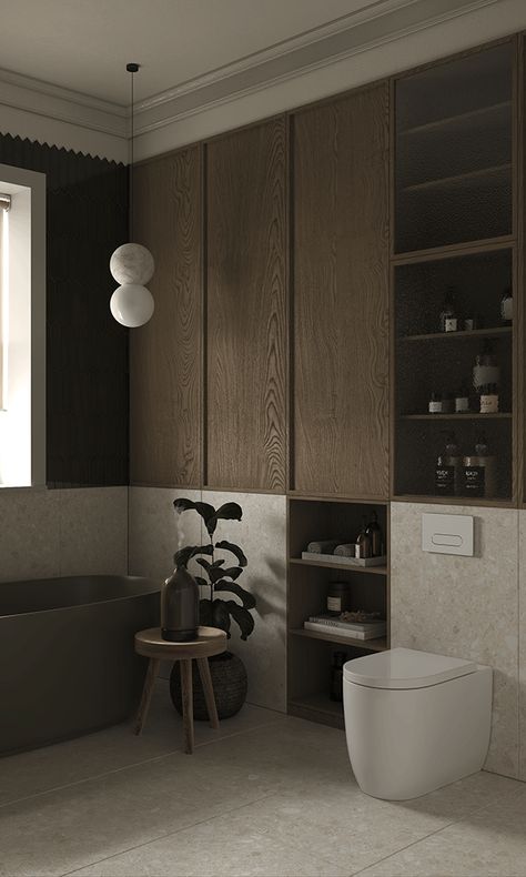 cozy bathroom  green tiles Green Tone Bathroom, Modern Terracotta Bathroom, Japandi Bathroom Tiles, Bathroom Aesthetic Apartment, Modern Earthy Bathroom, Brown And Green Bathroom, Earthy Tone Bathroom, Colonial Modern House, Modern Toilet Room