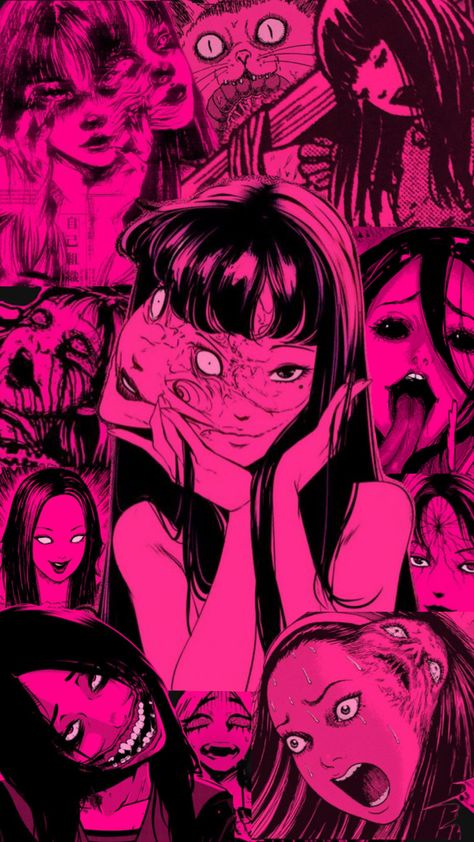 a lil collage of my girl tomie Pink Grunge Aesthetic, Pink Hello Kitty Wallpaper Iphone, Japanese Wallpaper Iphone, Pink Grunge, Special Wallpaper, Gothic Wallpaper, Junji Ito, Pink Hello Kitty, Edgy Wallpaper