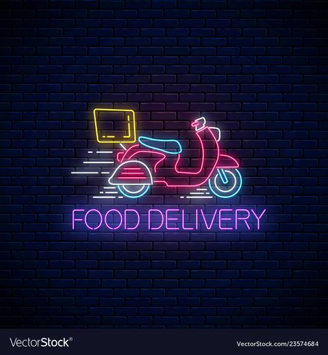 Food Delivery Logo, Dark Brick Wall, Delivery Sign, Neon Food, Delivery Logo, Neon Style, Brick Wall Background, Concept Illustration, Ghost Pictures