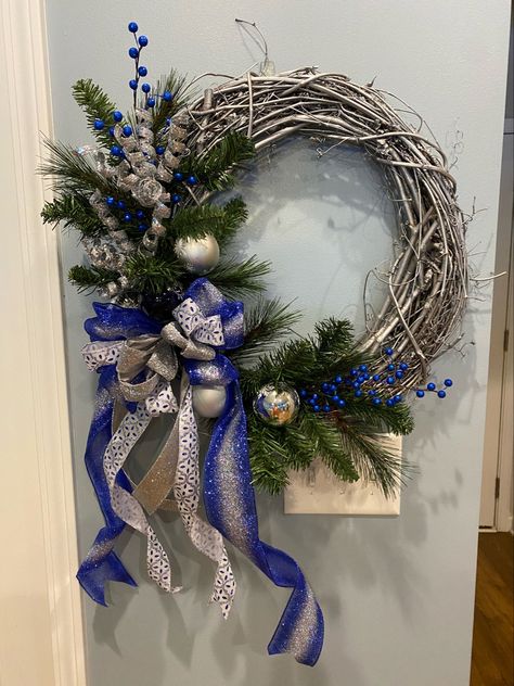 All supplies from Hobby Lobby. Used silver spray paint with shimmery silver glitter paint on the wreath form. Picks, ornaments and ribbon for decor. Silver Spray Paint, Glitter Paint, Silver Christmas, Wreath Forms, Christmas Wreaths Diy, Hobby Lobby, Silver Glitter, Spray Paint, Diy Wreath