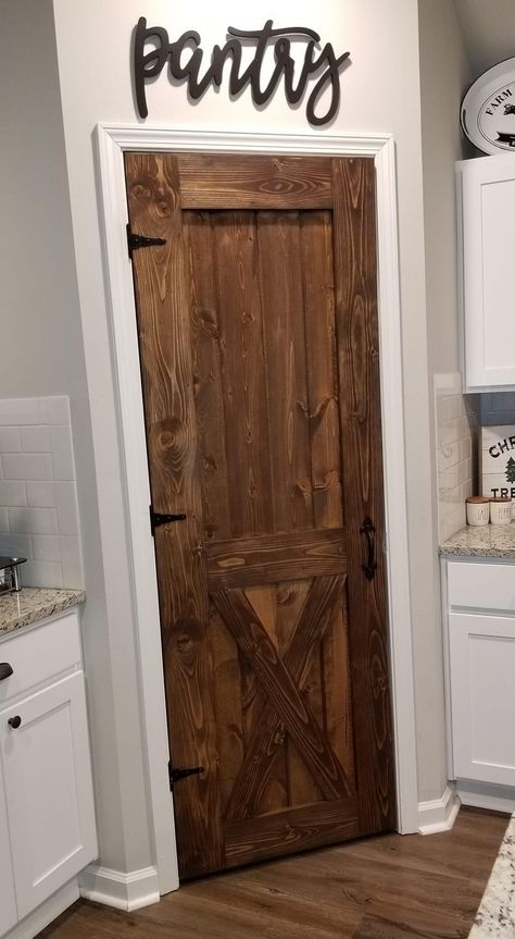 Diy Farmhouse Pantry Door, Rustic Pantry Door Ideas, Pantry Wood Door, Diy Pantry Door Makeover Ideas, Farmhouse Pantry Door Ideas, Pantry Doors Farmhouse, Antique Pantry Door Ideas, Pantry Door Ideas Farmhouse Style, Barn Pantry Door