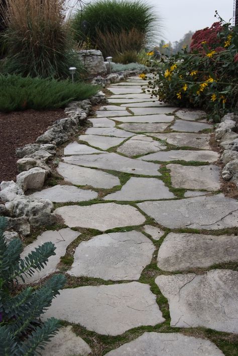 Natural Flagstone Patio, Limestone Flagstone Patio, Limestone Pathway Walkways, Limestone Stepping Stones, Limestone Walkway Pathways, Limestone Patio Ideas, Limestone Pathway, Limestone Walkway, Flagstone Driveway