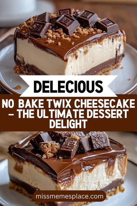 Discover the ultimate dessert delight with this homemade no-bake Twix cheesecake! This rich and creamy treat is easy to make and requires no baking, making it perfect for any occasion. With its graham cracker crust, smooth cream cheese filling, and a generous topping of caramel and chocolate, this cheesecake captures all the flavors you love about Twix bars. Ideal for gatherings or a simple family dinner, it's a showstopper that's sure to impress every dessert lover! No Bake Twice Cheesecake, Twix No Bake Cheesecake Recipes, Desert For Crowd, Cheesecake Desserts Easy No Bake, Chocolate Topped Cheesecake, No-bake Twix Cheesecake, No Bake Twix Bars, Twix Cheesecake Bars, Graham Cracker Crust Bars