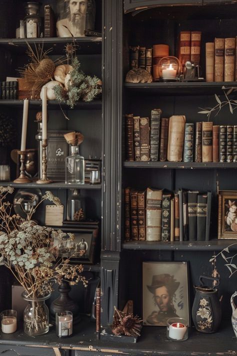 Antique Bookshelf Decor, Dark Bookshelf Styling, Magic Bookshelf, Moody Spaces, Pink Fall Decor, Dark Academia Interior, Cozy Reading Chair, Vintage Decor Ideas, Different Eras