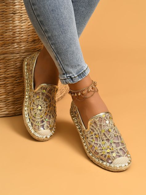 EMERY ROSE Sequin Decor Espadrille Flats Sequin Flats, Chanel Espadrilles, Espadrille Flats, Espadrilles Style, Sequin Decor, Leather Espadrilles, Wedge Heel Sandals, Dress Shoes Womens, Flat Espadrilles