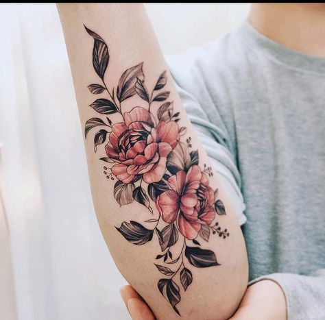 Pop Of Color Tattoo, Peony Tattoo Forearm, Floral Cover Up Tattoo, Japanese Peony Tattoo, Peony Flower Tattoos, Side Tattoos Women, Tattoo Over Scar, Geometric Mandala Tattoo, Rose Tattoo Sleeve