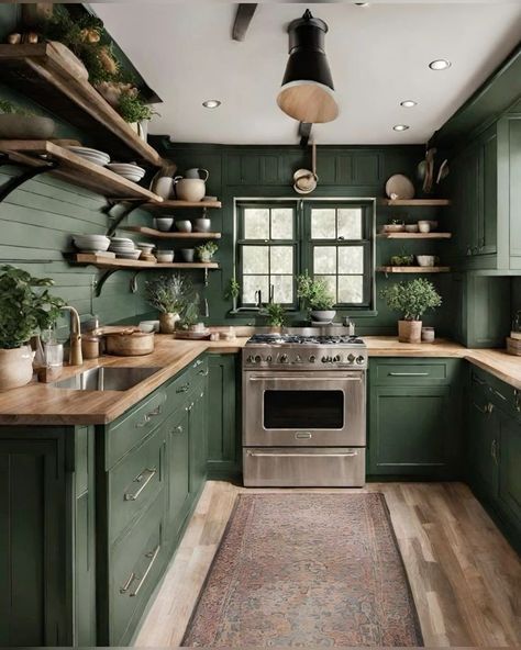 Green Cabinets With Butcher Block, Modern Green Kitchen, Green Kitchen Aesthetic, Organization Ideas Kitchen, Modern Wooden Kitchen, Dark Green Paint, Green Kitchen Designs, Dark Green Kitchen, Green Kitchen Decor