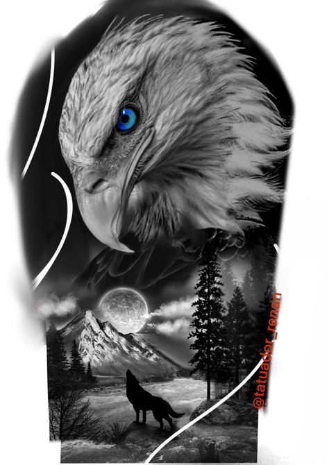 Half Sleeve Tattoos Wolf, Traditional Owl Tattoos, Eagle Head Tattoo, Feminine Shoulder Tattoos, Eagle Face, Mexican Art Tattoos, Christian Sleeve Tattoo, Animal Tattoo Ideas, Deer Tattoo