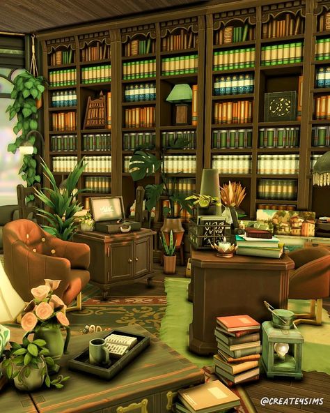 Sims 4 Library Room, Sims 4 Mansion Interior, Sims 4 Dark Academia House, Sims Library, Dark Academia Mansion, Sims Decoration, Dark Academia House, Dark Academia Study, Academia Study