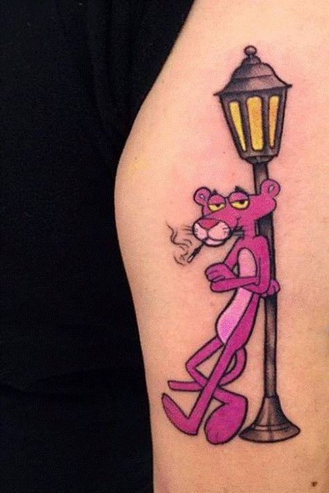 Pink Panther Tattoo, Bow Hunting Tattoos, Feminine Skull Tattoos, Tattoo Black And White, Baby Tattoo Designs, Lion Head Tattoos, Panther Tattoo, Wicked Tattoos, Cartoon Character Tattoos