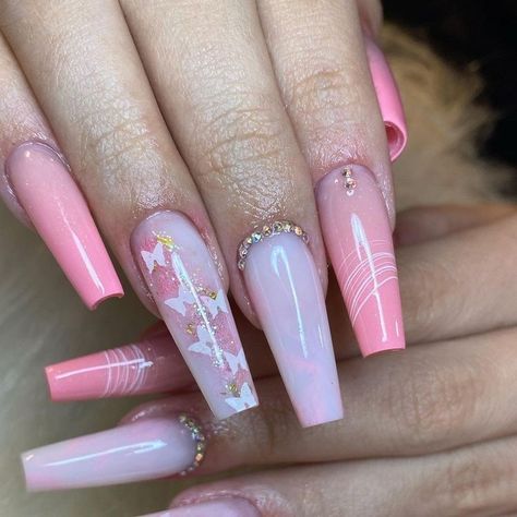 Butterfly Nail Designs, Encapsulated Nails, Purple Nail Designs, Ombre Acrylic Nails, Nails Design With Rhinestones, Girly Acrylic Nails, Short Square Acrylic Nails, Almond Nails Designs, Bling Acrylic Nails