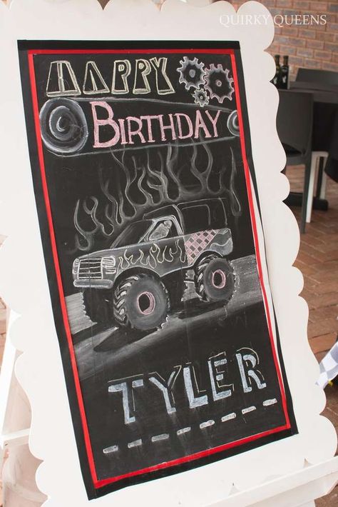 Chalkboard sign at a monster truck party birthday party! See more party ideas at CatchMyParty.com! 2nd Birthday Monster Trucks, 4th Monster Truck Birthday, Monster Truck Fourth Birthday, Art Birthday Parties, Monster Truck Chalkboard Sign, Monster Truck Party Invite, Shared Birthday Parties, Monster Truck Art, Fire Truck Nursery