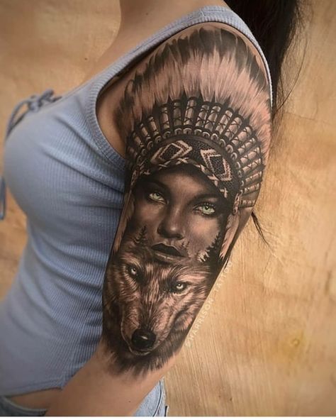 Indian Women Tattoo, Native American Wolf Tattoo, Indian Girl Tattoos, Wolf Tattoo Meaning, Wolf Tattoos For Women, Wolf Tattoo Ideas, 16 Tattoo, Chola Girl, Native American Tattoo