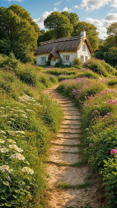 Cottage In The Countryside, Thatch Roof Cottage, England Countryside Cottage, Idyllic Cottage, Cottagecore Landscape, Secluded Cottage, Thatch Cottage, Thatched Roof Cottage, Greenery Landscape