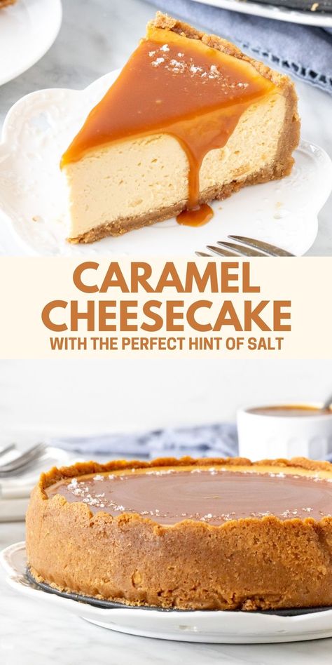 Collage of 2 photos of caramel cheesecake Caramel Cheesecake Recipes, Caramel Dessert Recipes, Salted Caramel Cheesecake, Cheesecake Toppings, Caramel Desserts, Homemade Cheesecake, Caramel Cheesecake, Salted Caramel Sauce, Cheesecake Desserts