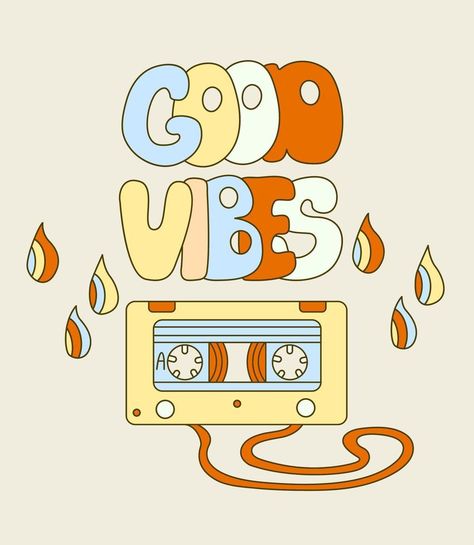 Hippie vibe poster with music cassette. Retro 70s vector illustration. Groovy cartoon style. Good vibes hand draw lettering. Groovy Cartoon, Rhinestone Patterns, Print Cards, Music Cartoon, Posters Design, Music Cassette, Hippie Vibes, 90s Vibes, Hand Draw