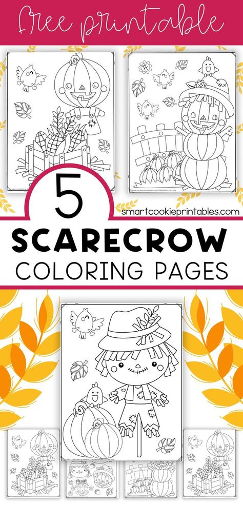 Free autumn coloring pages printables for kids, featuring cute scarecrow designs with pumpkins, birds, and leaves. Preschool Scarecrow Activities, Scarecrow Coloring Pages, Autumn Preschool Printables, Fall Coloring Sheets, Fall Coloring, Fall Activity, Quiet Time Activities, Fall Kindergarten, Fall Scarecrows