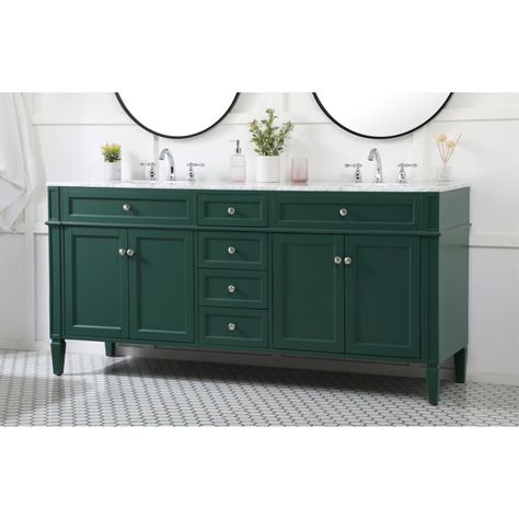 72 inch double bathroom vanity in green From its carrara white marble top to its contemporary style handpainted cabinet, it is sure to update your bathroom. Beneath its lustrous, natural stone marble top is an oval, white porcelain under-mount sink, removable shelf, for storing all your bathroom essentials. comes with an undermount porcelain sink and a carrara white marble countertop crafted with solid wood and mdf Countertops are predrilled with 6 holes to accommodate a variety of faucets ( faucets are not included) features four drawers to store your bathroom essentials designed with soft closing doors and drawer built with a removable shelf, perfect to store your bathroom essentials hand painted finish application Length: 72 Width: 21.5 Body Height: 35 Finish(Color): green Emerald Green Bathroom, Green Vanity, Porcelain Sink, White Marble Countertops, Marble Countertop, Marble Vanity Tops, Double Bathroom, Wood And Marble, Double Bathroom Vanity