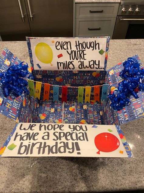 Birthday Box For Brother, College Surprise Boxes, Care Package Ideas For Son, Birthday Box Ideas For Daughter, Fun Care Package Ideas, Care Package Decorating Ideas, Mailable Birthday Gifts, Birthday Package Ideas For Him, Army Care Package Ideas Boyfriends