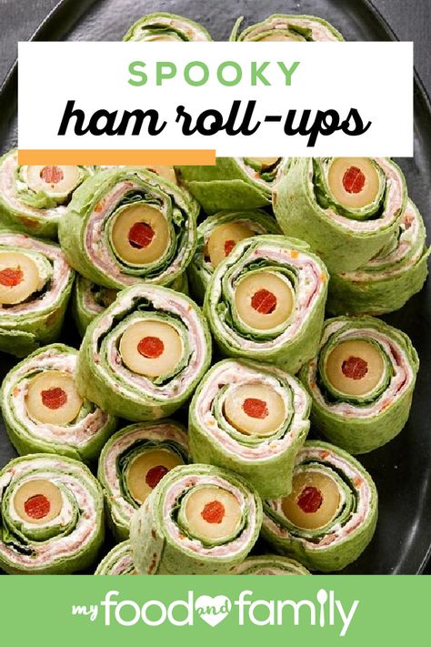 Spooky Ham Roll-Ups – Whether it’s for a Halloween party or your kid’s lunch, these wraps are so good it’s scary! Make this tasty recipe with OSCAR MAYER Honey Ham, KRAFT Mayo, and spinach-flavored tortillas. Halloween Roll Ups, Halloween Tortilla Roll Ups, Halloween Wraps Food, Halloween Pinwheel Sandwiches, Halloween Finger Sandwiches, Halloween Sandwiches Parties Food, Spooky Sandwiches, Flavored Tortillas, Halloween Pinwheels