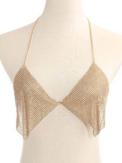 Zapatos, Bolsos y Accesorios | Nueva colección de Accesorios | SHEIN España Gold Body Chain Jewelry, Bralette Chain, Chain Tops, Metal Bra, Beach Costume, Bra Chain, Sequin Bra, Bling Rhinestones, Gold Body Chain