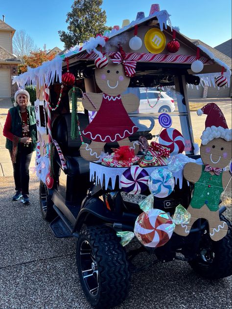 Gingerbread House Golf Cart Ideas, Gingerbread Golf Cart Decorations, Golf Cart Gingerbread House, Gingerbread House Golf Cart, Christmas Parade Golf Cart Ideas, Gingerbread Golf Cart, Side By Side Christmas Parade, Golf Cart Decorating Ideas Christmas, Christmas Golf Cart Decorations