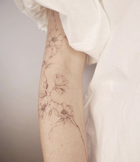 Brown Tattoo Sleeve, Brown Flower Tattoo, Brown Floral Tattoo, Whimsical Floral Tattoo, Brown Line Tattoo, Tattoo Brown Ink, Brown Tattoos For Women, Light Brown Tattoo, Brown Ink Tattoo On Light Skin