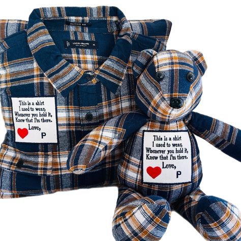 Handcrafted Memory Bear and Pillow Set Personalized Keepsake Made From Clothes of Loved Ones for Bereavement and Grief Support - Etsy Memorial Ideas With Clothing, Memory Pillow From Shirt, Memory Gifts, In Loving Memory Gifts, Legacy Projects, Memorial Ideas, Memory Jar, Keepsake Bear, Memory Crafts